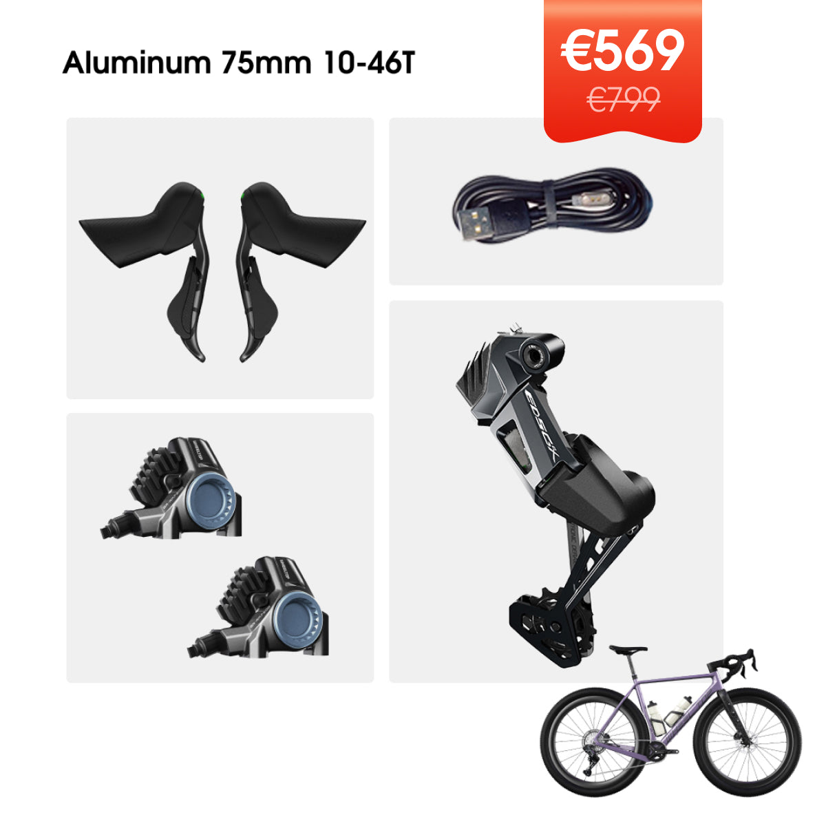 WHEELTOP EDS GeX Wireless Electronic Shifter/Derailleur (Gravel Bike) - 75mm RD+HDB+Aluminum Shifters