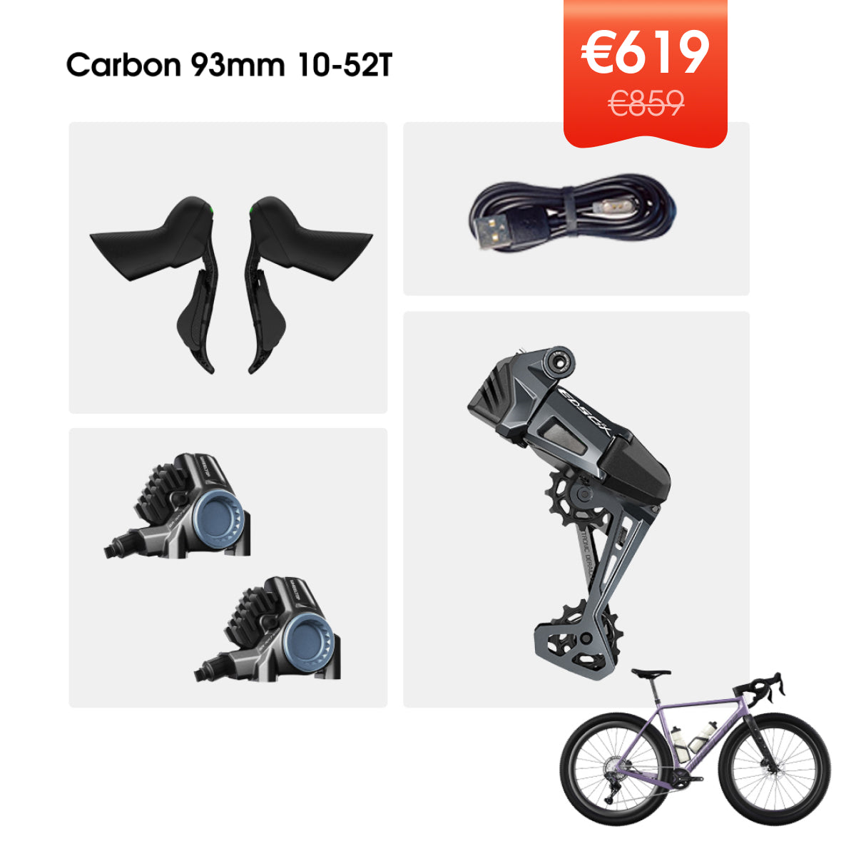 WHEELTOP EDS GeX Wireless Electronic Shifter/Derailleur (Gravel Bike) - 93mm RD+HDB+Carbon Shifters