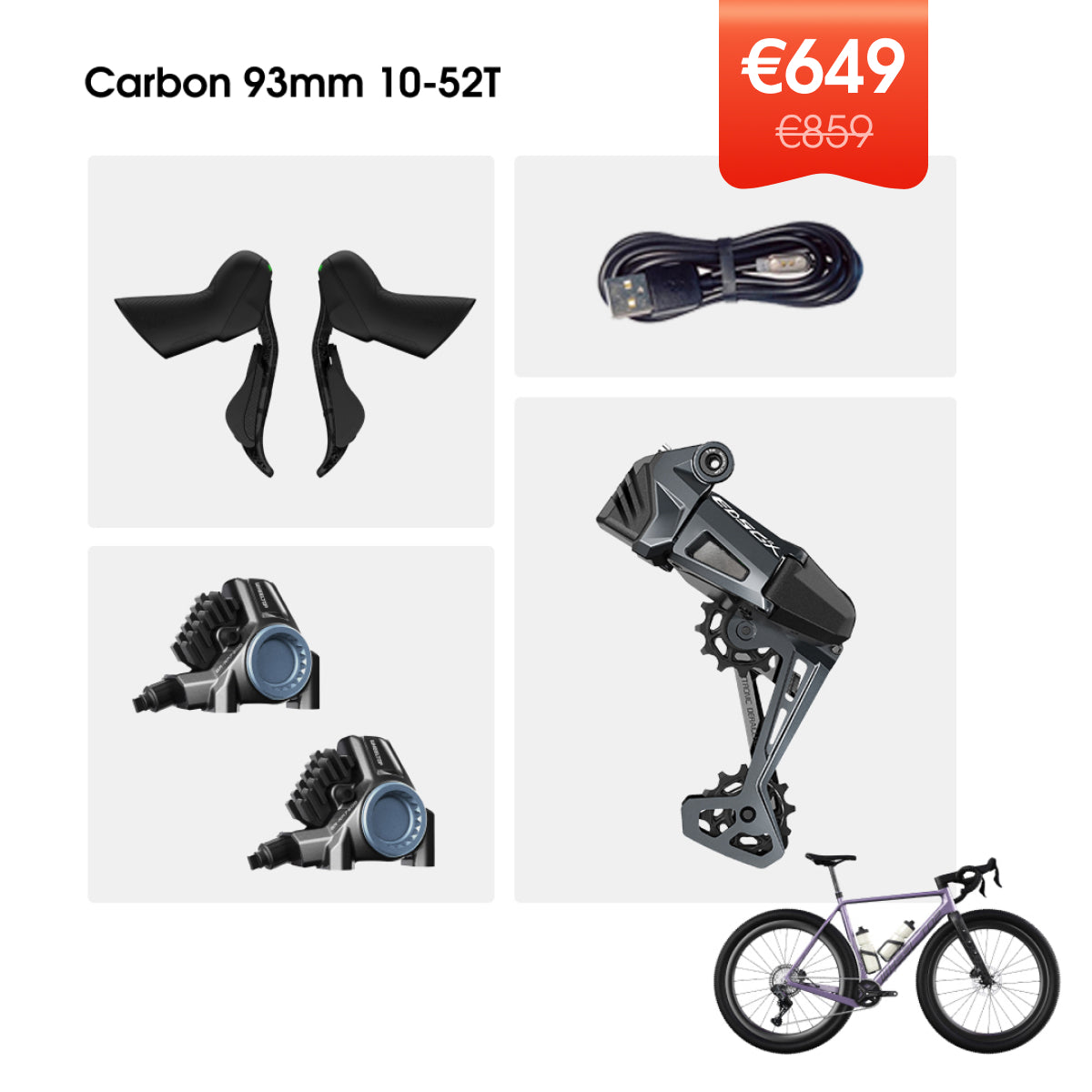 WHEELTOP EDS GeX Wireless Electronic Shifter/Derailleur (Gravel Bike) - 93mm RD+HDB+Carbon Shifters